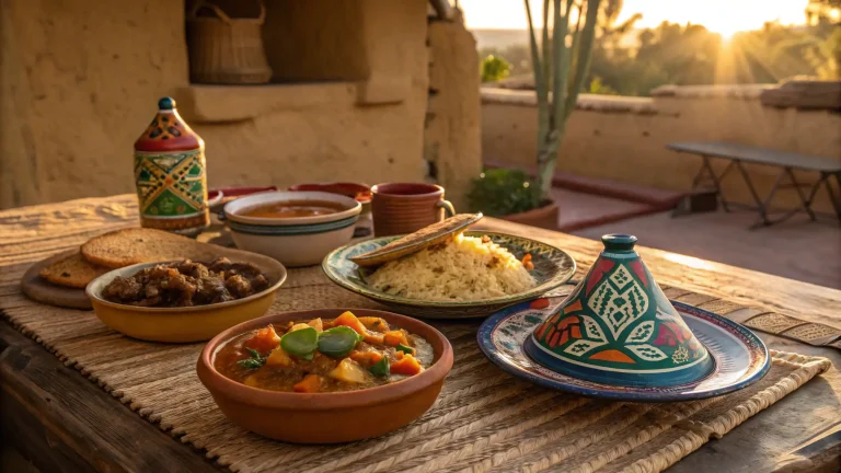 A traditional Moroccan food spread including tagine, couscous, harira, mint tea, and sweets