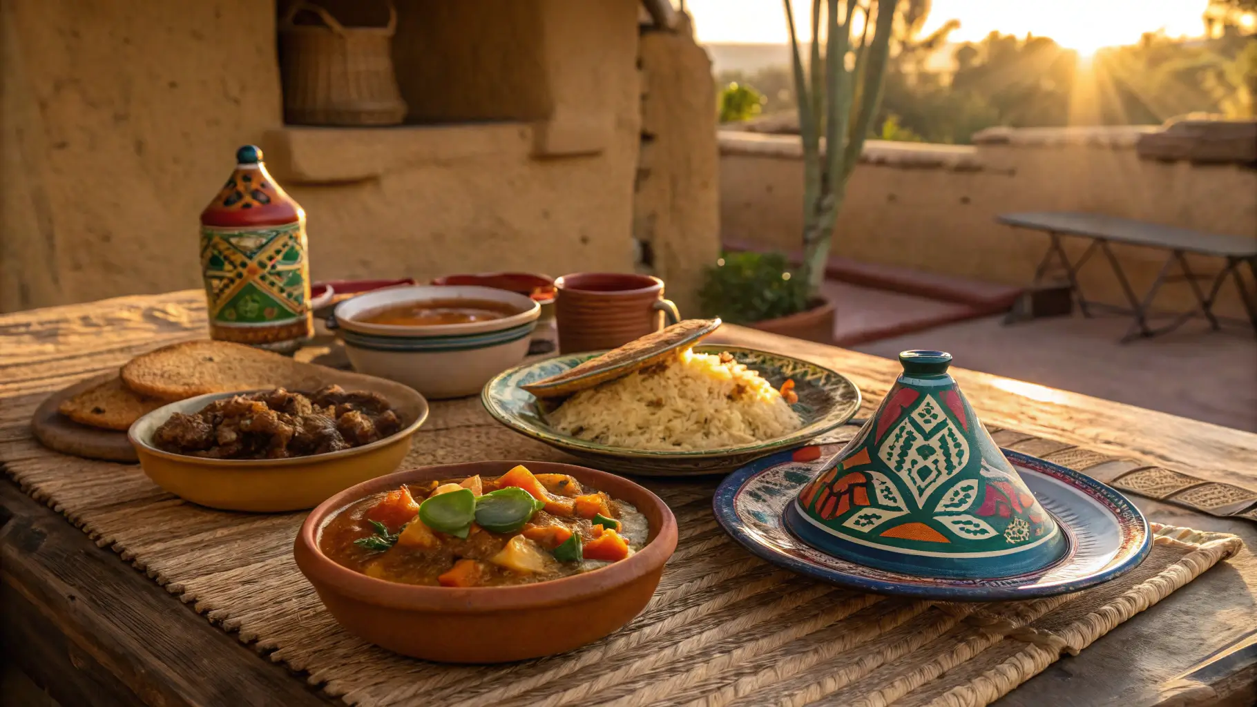 A traditional Moroccan food spread including tagine, couscous, harira, mint tea, and sweets