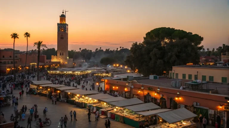 Sunset view of Djemaa El-Fna with food stalls and the Koutoubia Mosque.