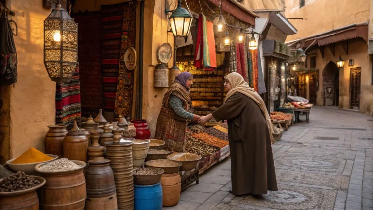 Tourist respectfully greeting vendor in Moroccan market.