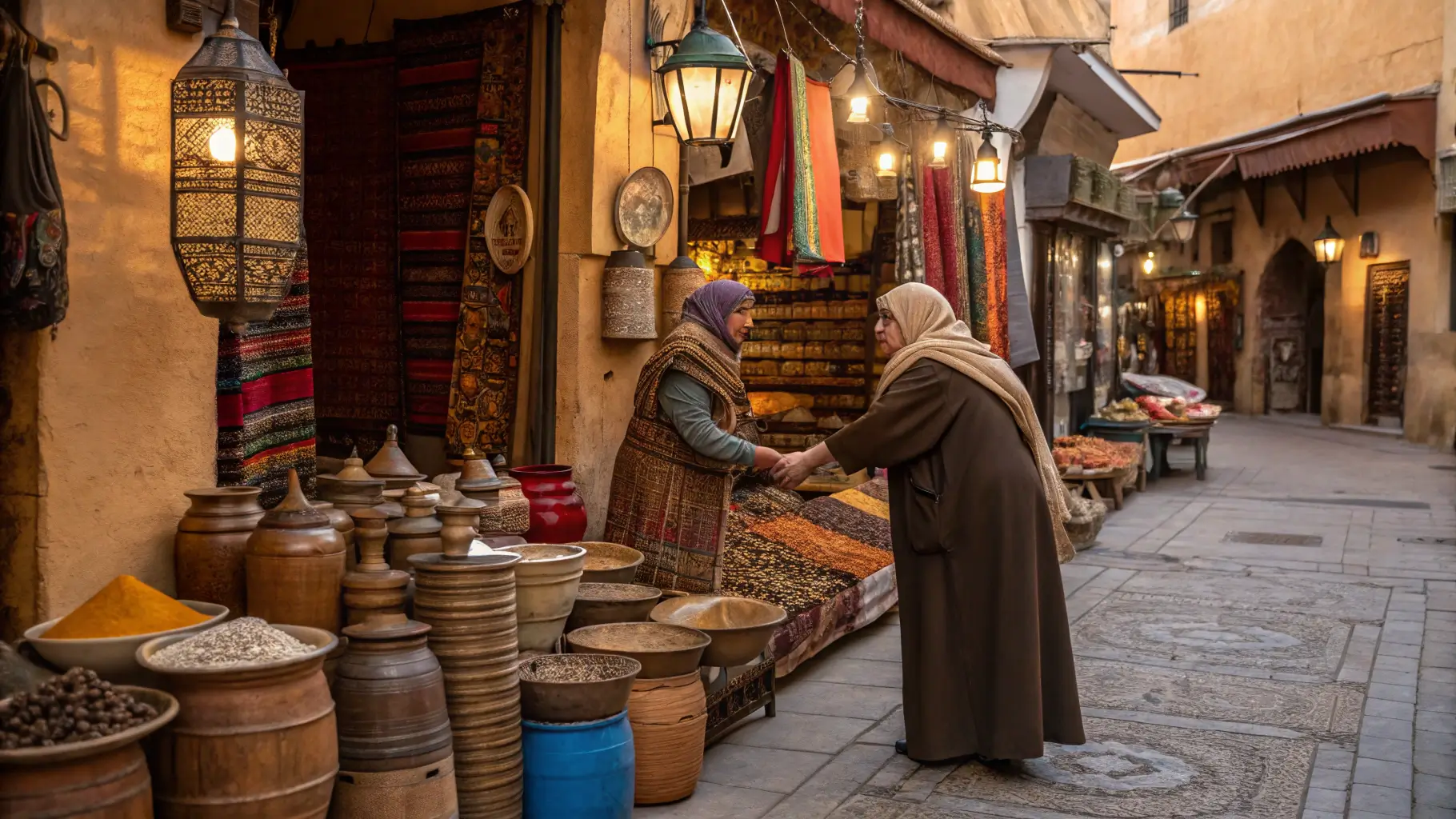 Tourist respectfully greeting vendor in Moroccan market.