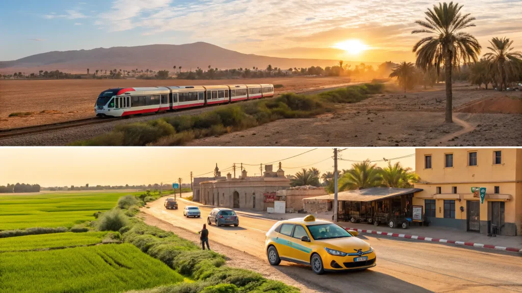 Morocco train, desert car, taxi, and bus in one visual scene.