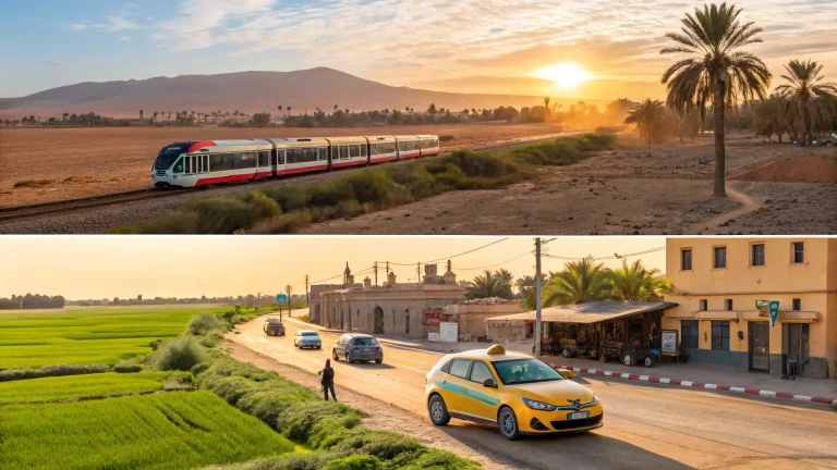 Morocco train, desert car, taxi, and bus in one visual scene.