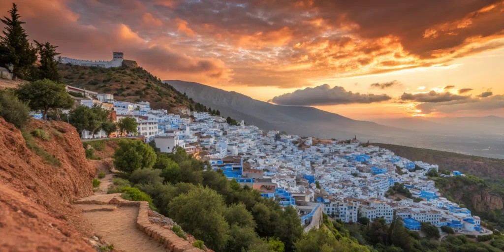 منظر مدينة شفشاون في المغرب وقت الغروب من أعلى الجبل